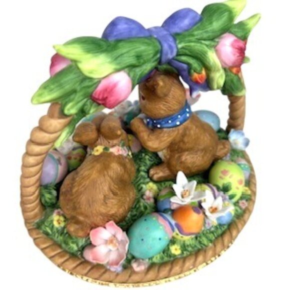 Porcelain Easter Basket Figurine With Rabbits  Eggs Spring Decor 8" Tall - Picture 12 of 15